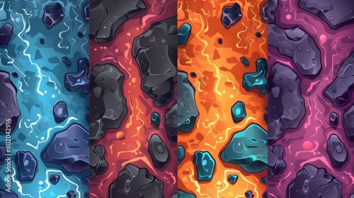 Modern seamless patterns of top view of hot molten magma surface, magic flows different colors in cracks of rocks. Modern cartoon seamless patterns of colored liquid lava with stones.
