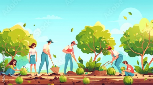 Agricultural or gardening work in garden. Farmer and cottager planting crops, watering watermelons, and harvesting crops. Happy farmers working in orchard, Cartoon modern illustration. photo