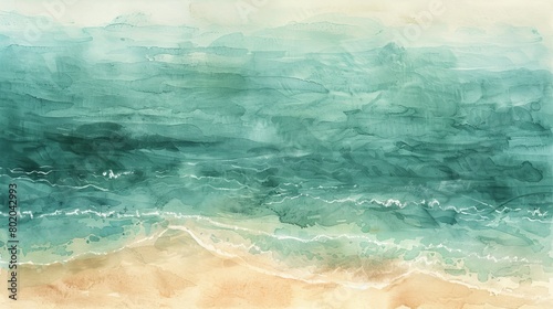 Subtle watercolor gradient mimicking the ocean's colors, blending from a deep sea green to a warm sandy beige at the shore