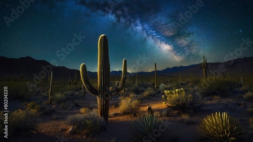 saguaro cactus in the desert at night. starry night sky with a bright