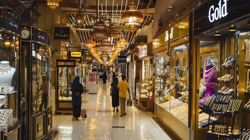 A long hallway with shops on both sides. The shops are selling jewelry and other goods. There are people walking around and shopping.