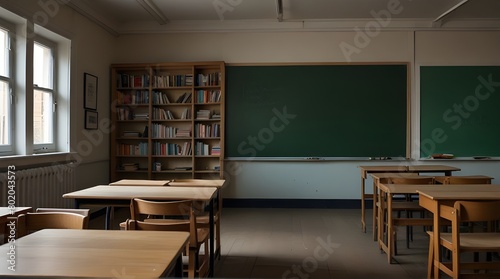 An empty classroom with a blackboard on one wall  surrounded.generative.ai