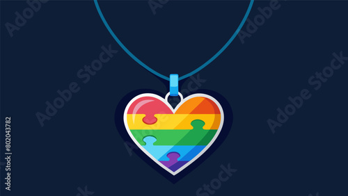 A necklace with a pendant in the shape of a heart made of a rainbow of puzzle pieces representing love and acceptance for oneself and others within. Vector illustration