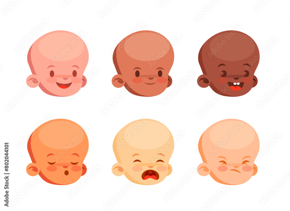 Set of emotions of babies of different races in cute cartoon style. Set of emotions of babies of different races in cute cartoon style.