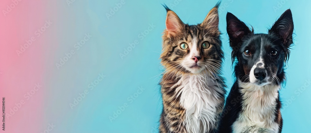 tabby cat and border collie dog in front of a blue gradient background tabby cat and border collie dog in front of a blue gradient background