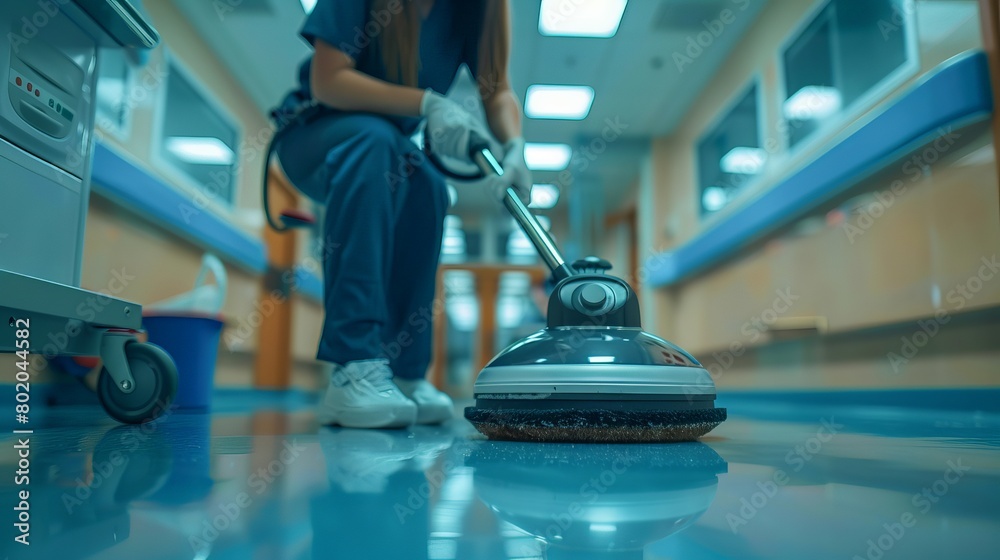 Detailed photo of a janitor woman in motion, using a professional