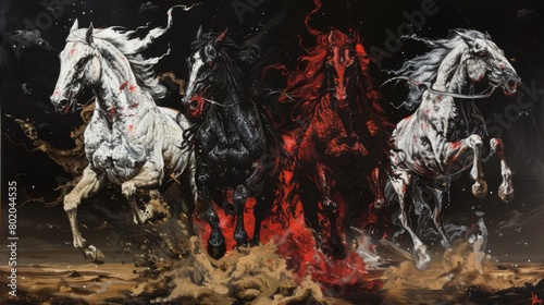 Four Horsemen of the Apocalypse  -  white for conquest   red for war   black for pestilence or famine   and pale for death  -  black background  -  desert landscape