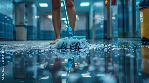 Detailed photo of a janitor woman in motion, using a professional buffer on a shiny hospital floor, emphasizing cleanliness and care photo