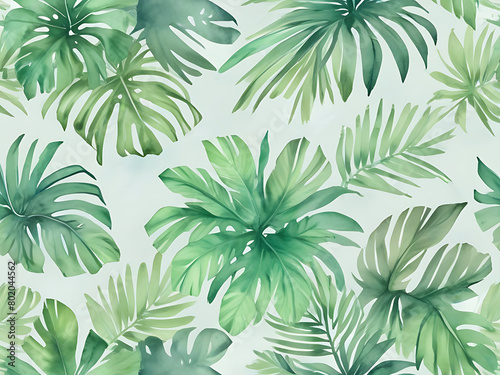 Watercolor painting. This seamless pattern has a repeating pattern. Green palm leaves on a white background