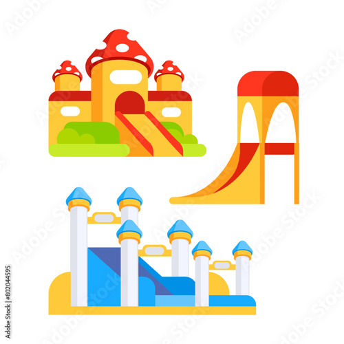 Set of vector inflatable slides in cartoon style.