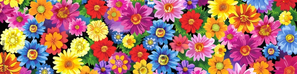 Vibrant multicolored flower pattern set against a black background. Wallpaper. Banner. Vibrant multicolored flower pattern set against a black background. Wallpaper. Banner.
