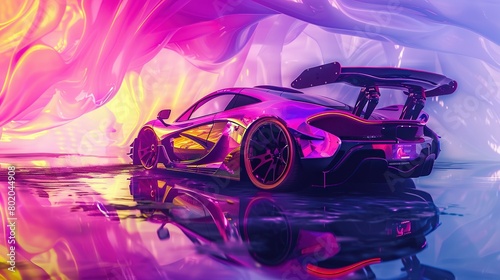A purple sports car is sitting in a room with a colorful background. The car is reflecting the colors of the background.  
