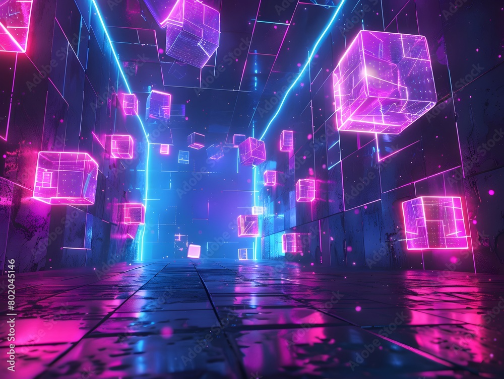 Fototapeta premium Surreal 3D Render of Cyberspace Environment with Floating Geometric Shapes and Ethereal Elements