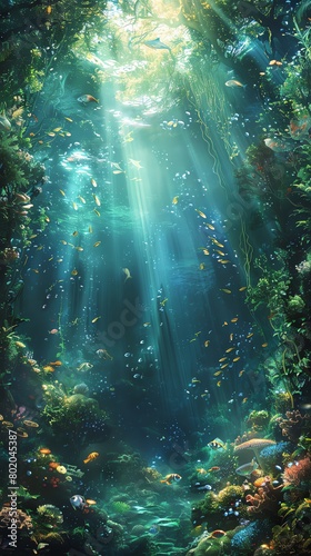 Craft a mesmerizing low-angle shot of a mystical underwater forest teeming with magical creatures and ethereal lighting for a fantasy romance plot Render this enchanting scene in a harmonious mix of t © Dinopic 3Ds