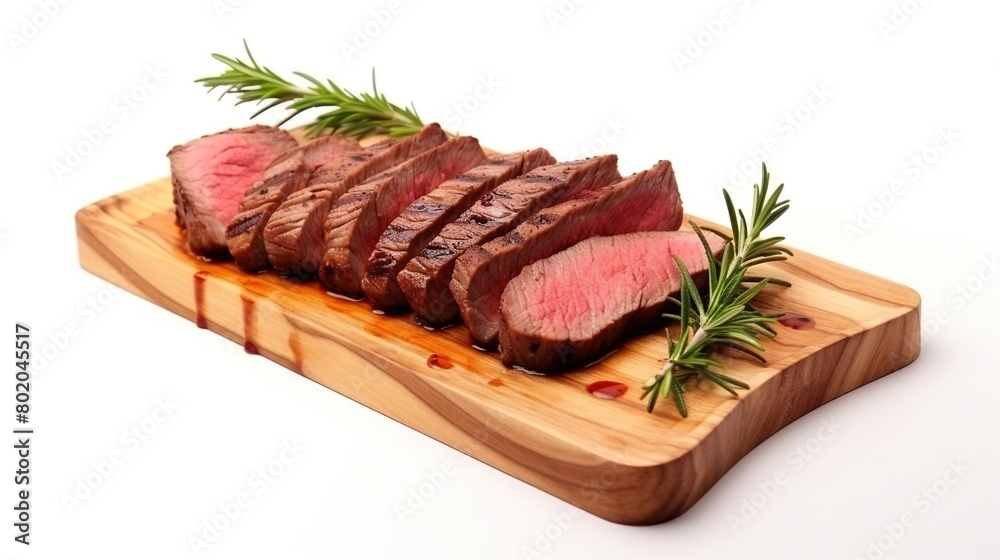 Delicious beef steak slices on wooden tray isolated on white background. Delicious beef steak slices on wooden tray isolated on white background.