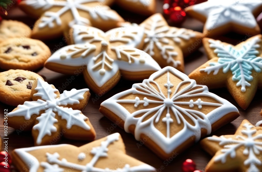 Artistic close-up of homemade holiday cookies with intricate icing designs, featuring festive shapes and a warm, inviting texture. Perfect for seasonal celebration. Generated AI