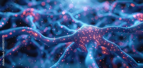 3d render of neurons and glia cells in the brain, glowing blue color with red light particles photo