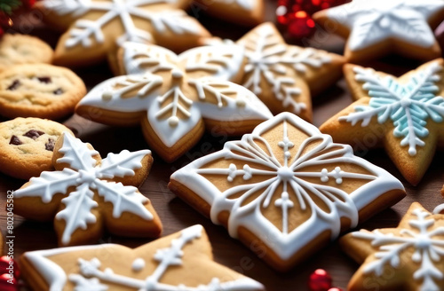 Artistic close-up of homemade holiday cookies with intricate icing designs, featuring festive shapes and a warm, inviting texture. Perfect for seasonal celebration. Generated AI