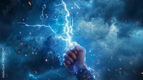 Hand holding up a lightning bolt. Energy and power. Stormy background. Blue glow. Zeus, thor photo