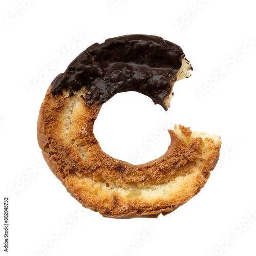 Half-eaten chocolate donut, transparent background.