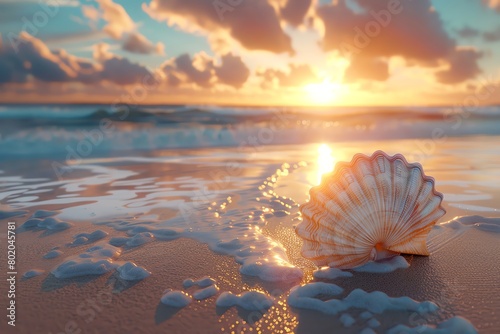 Incorporate a beach scene with a seashell close-up under a vibrant sunset, merging travel and tranquility with intricate minimalistic patterns photo