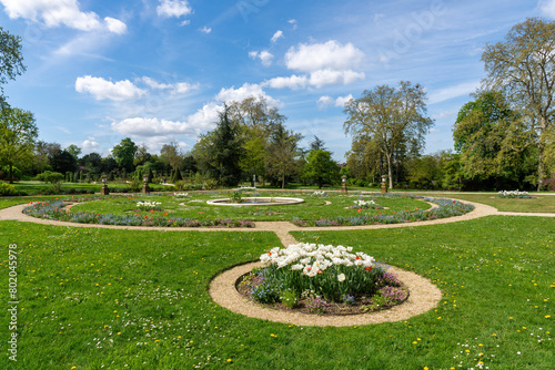 Rose garden in the Bagatelle park at springtime. It is located in Boulogne-Billancourt near Paris, France