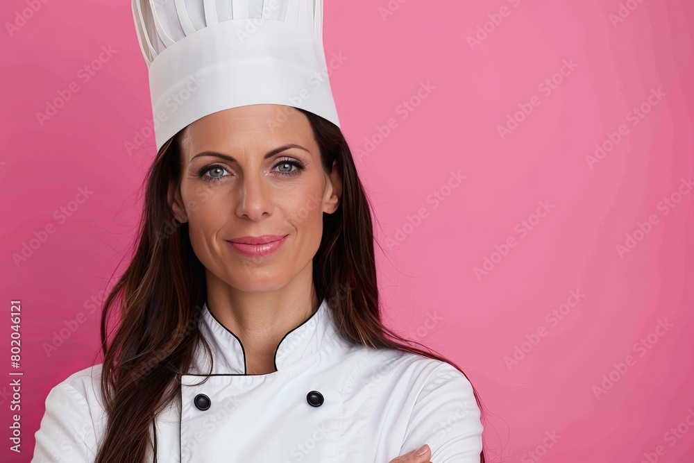 Smiling female chef on soft pastel background with ample space for accommodating text