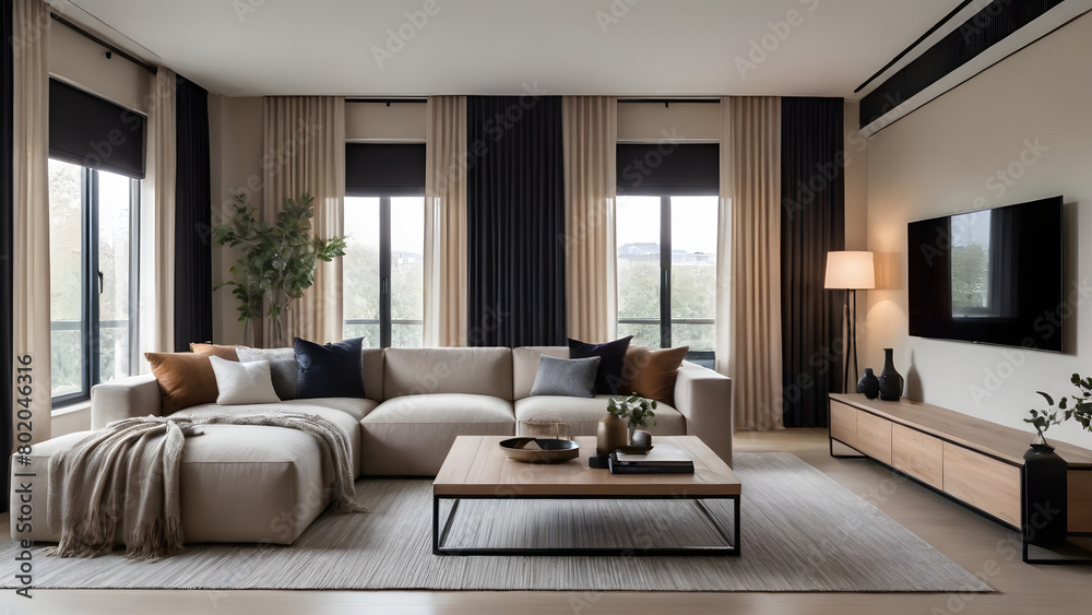 The apartment living space is designed with a modern and cozy sofa in beige tones, a black frame table and shelves, and indrect lighting.