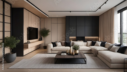 The apartment living space is designed with a modern and cozy sofa in beige tones  a black frame table and shelves  and indrect lighting.