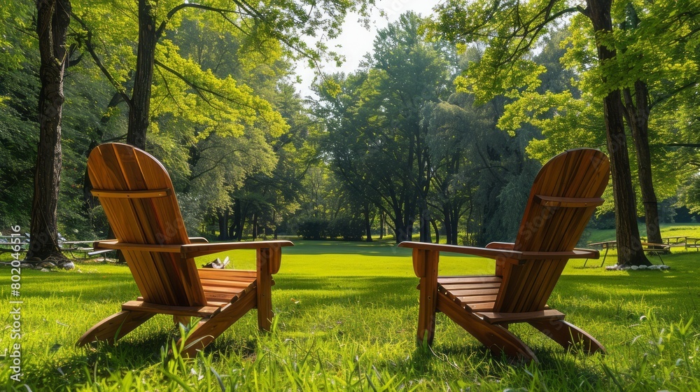 Two Adirondack chairs sit in a lush green field, surrounded by trees, waiting for their occupants to come and enjoy the peace and quiet of nature.