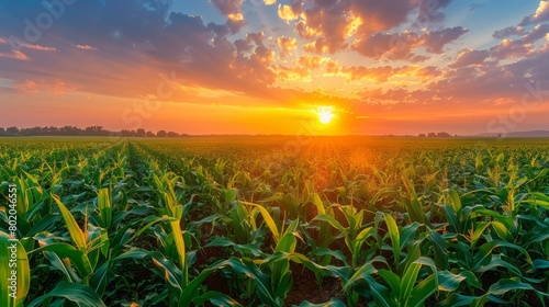 A beautiful sunset over a lush green corn field.