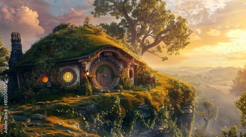 Landscape with hobbit house in the county, fantasy and fiction concept photo