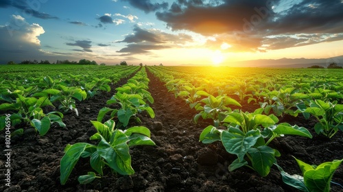 Rows of young green plants growing in a farm field at sunset