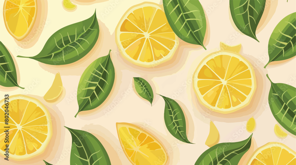 Fresh lemon slices and green leaves on color backgroud