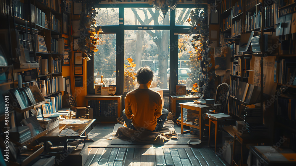 a scene where a person is immersed in reading a book, surrounded by a cozy setting such as a library, bookstore, or reading nook. Emphasize the joy and wonder of reading.