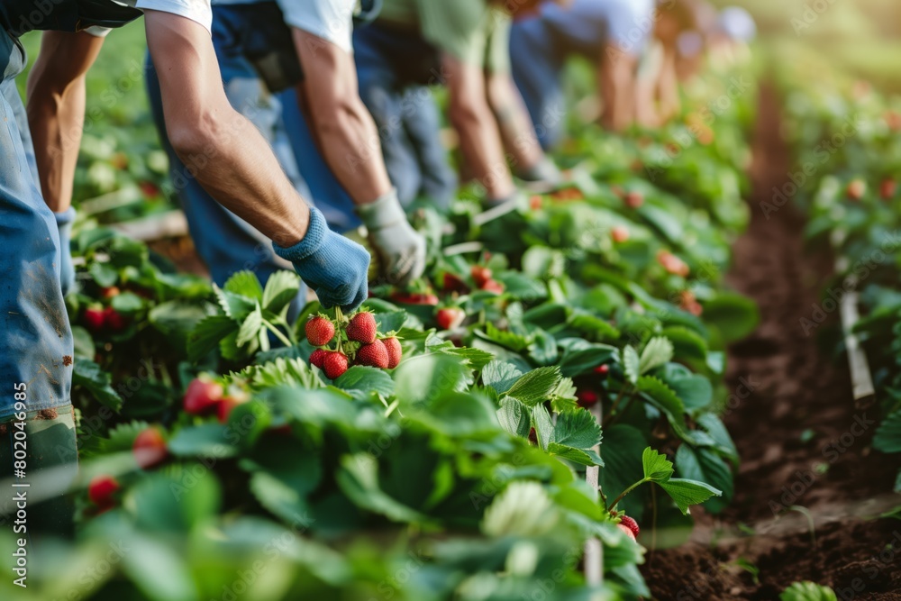 Fototapeta premium Farm Workers Harvesting Strawberries in the Field. Workers picking fresh ripe fruit.