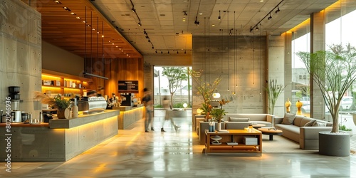 a minimalist hotel lobby, drenched in luminous brightness, distinguished by its concrete details, guests in motion blur, indulging in coffee delights photo