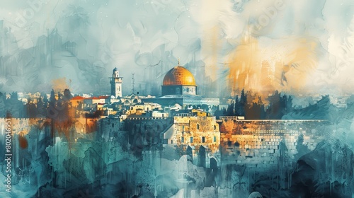 Jerusalem Cityscape Watercolor Background Generative AI photo