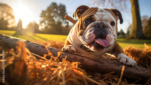 Portrait of funnyEnglish bulldog with wooden stick photo