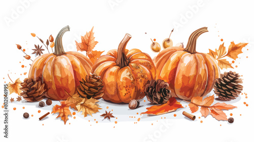 Fresh pumpkins with different spices cones and autumn photo