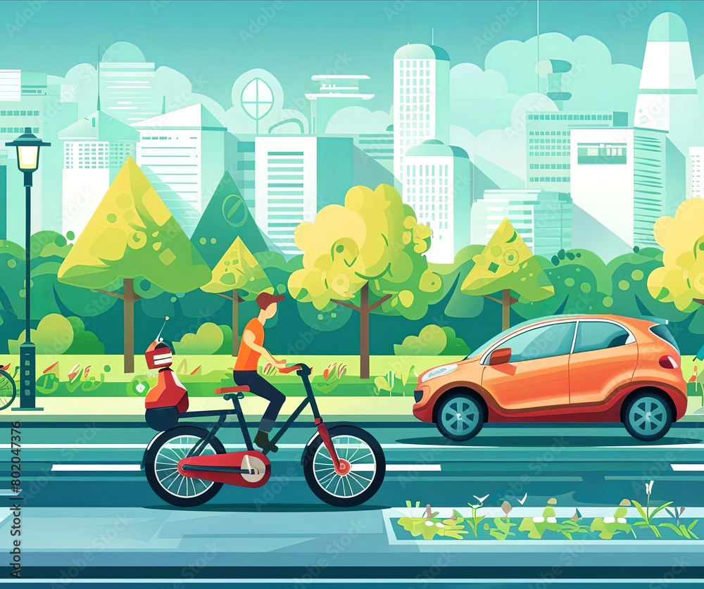 Naklejka premium A vibrant cityscape with a cyclist and car, showcasing eco-friendly transport