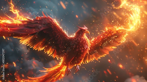 Illustrate the tale of the Phoenix rising from the ashes through a modern lens, incorporating bold colors and sharp angles from an unconventional top-down perspective, infusing the ancient legend with