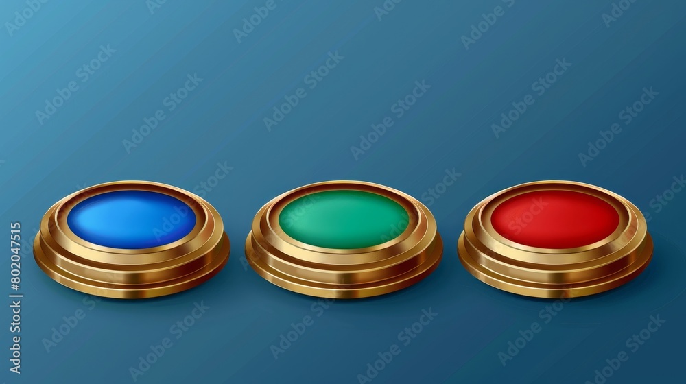 Platforms with steps, podiums with round ends, a stand for products in a showcase. Modern realistic set of circles with blue, green and red pedestals with golden decorations. Empty winner's podiums. Platforms with steps, podiums with round ends, a stand for products in a showcase. Modern realistic set of circles with blue, green and red pedestals with golden decorations. Empty winner's podiums.