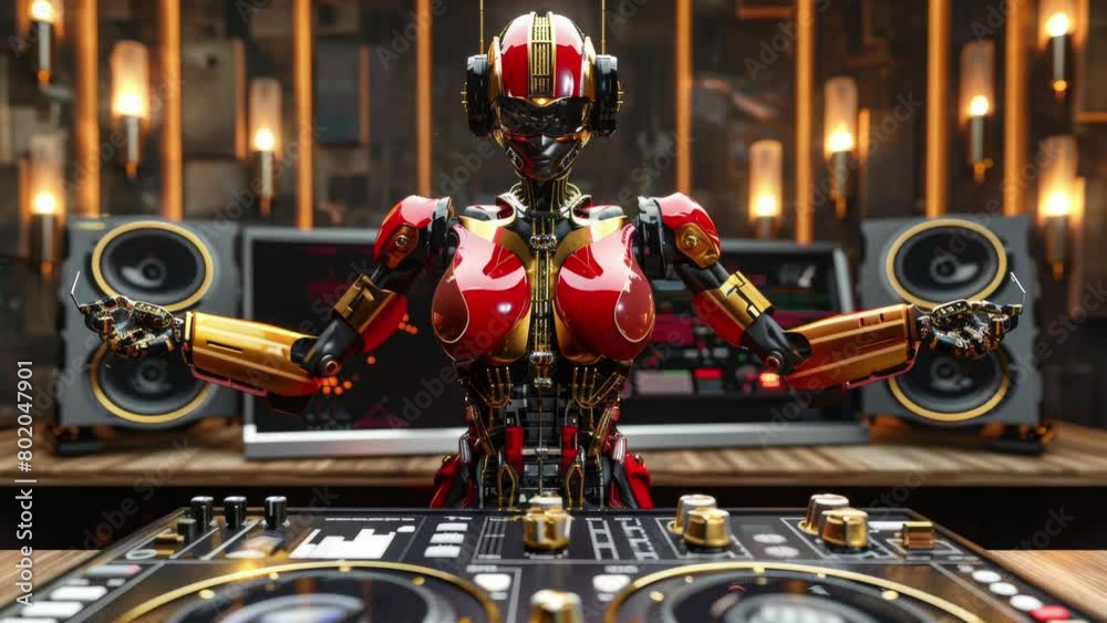 sequence or red robotic djs and audio equipment made with AI