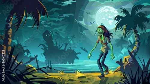 Angry undead woman walking on a river coast at night. Creepy Halloween background illustration.