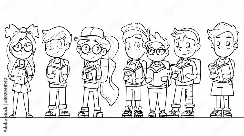 School students with backpacks and textbooks, boys and girls students reading books, education, learning and studying concept with children group, line art modern illustration.