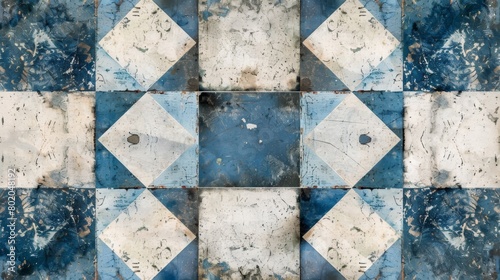 Old blue white retro vintage worn shabby patchwork checkered chess chessboard lozenge diamond rue motif tiles stone concrete cement wall wallpaper texture background   seamless pattern