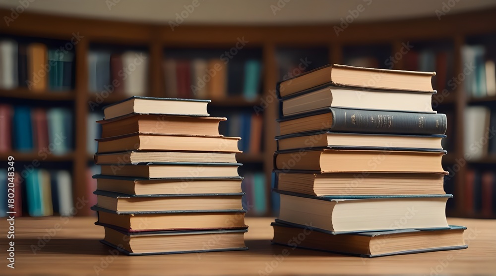 Stack of books in the library room with a blurry background.generative.ai Stack of books in the library room with a blurry background.generative.ai