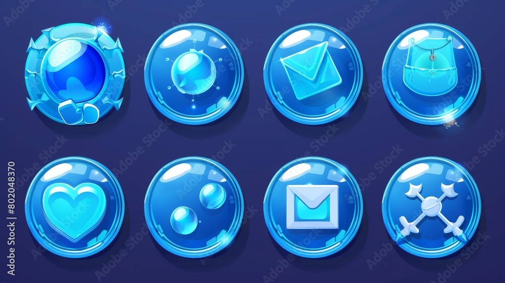 UI buttons with symbols of sound, search, arrows, mail, home, cross and ...