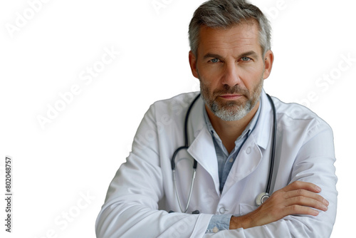 A male doctor sitting at a desk, with a professional expression, isolated on transparent background, png file, © Realistic PNG'S